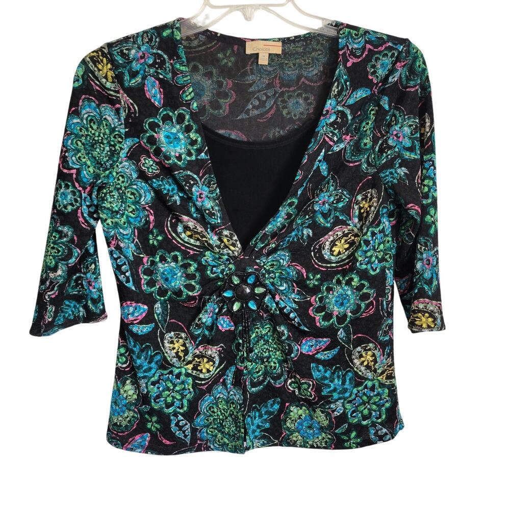 Choices Paisley Floral Sparkle Y2K Boho Black 3/4 Sleeve Top Party
